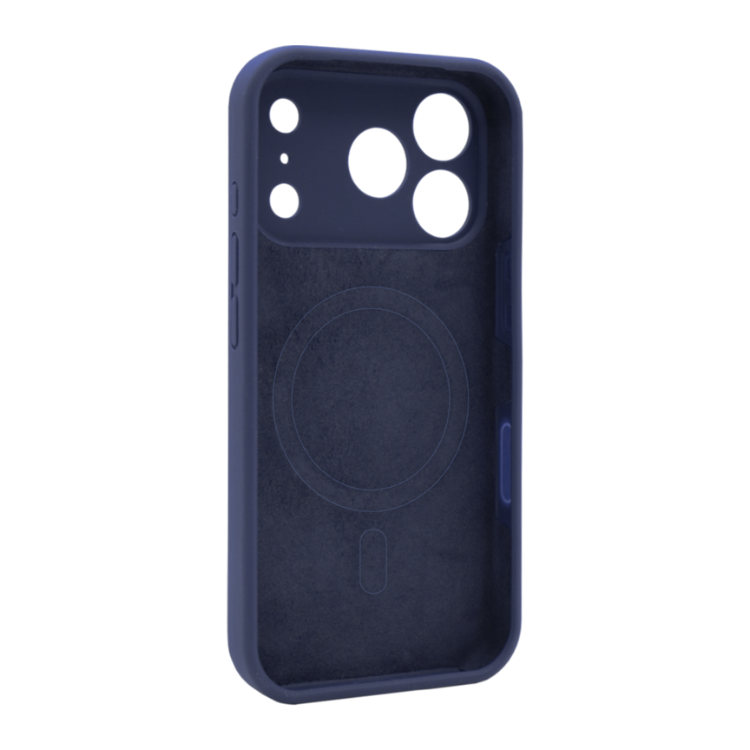Temno moder silikonski ovitek N‑Soft Magnetic za iPhone 17 Pro Max z vgrajenim MagSafe magnetnim obročem in natančnimi izrezi za kamere.