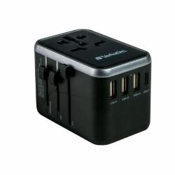 Verbatim adapter: univerzalni adapter s 3× USB‑A in 1× USB‑C, z izvlečnimi EU/UK/USA/AUS vtikači.