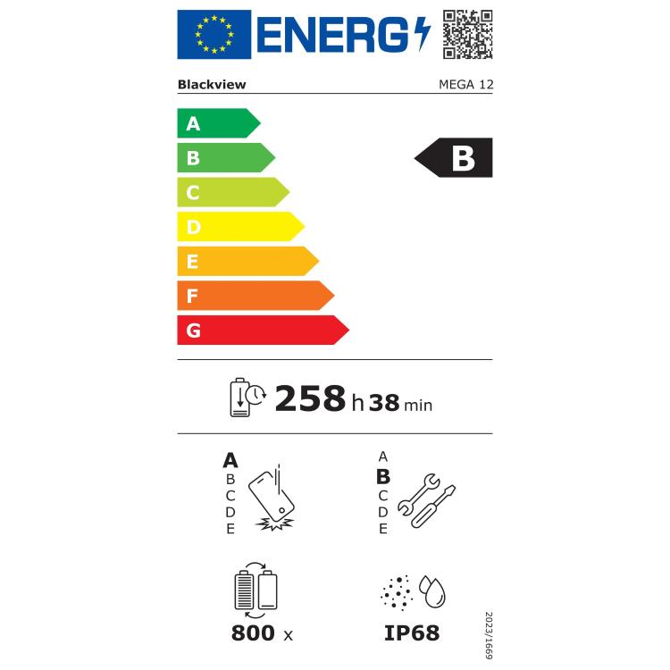 Blackview energijska nalepka za model MEGA 12 z energijskim razredom B, IP68 zaščito in avtonomijo 258 ur 38 min.