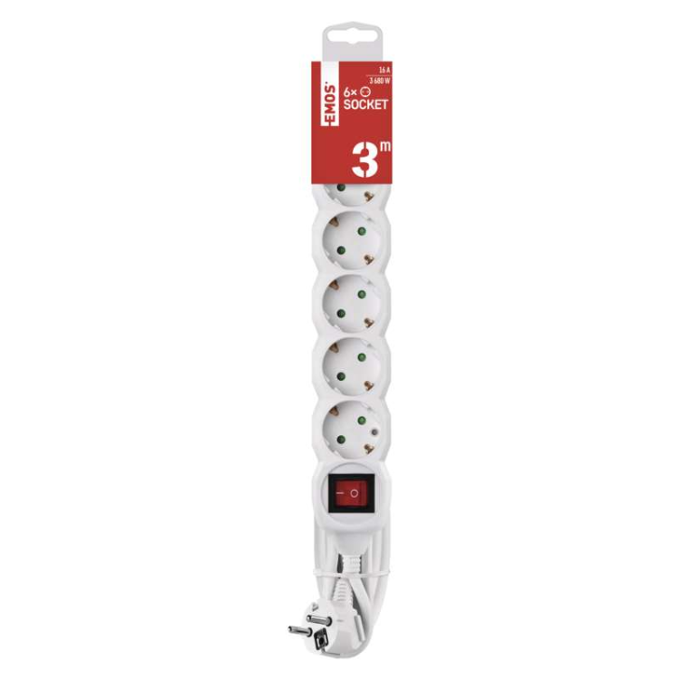 Podaljšek Emos 3 m / 6 vtičnic / s stikalom / beli / PVC / 1,5 mm2