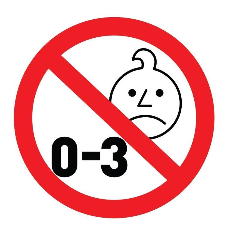 Opozorilni simbol prepovedi za otroke od 0 do 3 let zaradi majhnih delov.