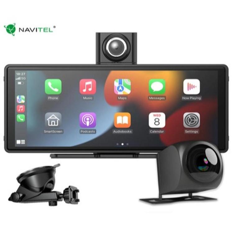 Navitel pametno vzvratno ogledalo z zaslonom na dotik, prikazano z uporabniškim vmesnikom, sprednjo kamero in dodatno zadnjo kamero za snemanje vožnje.