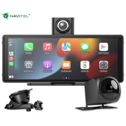 Navitel pametno vzvratno ogledalo z zaslonom na dotik, prikazano z uporabniškim vmesnikom, sprednjo kamero in dodatno zadnjo kamero za snemanje vožnje.