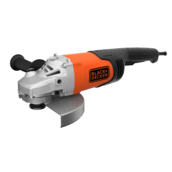 Black+Decker kotni brusilnik v oranžno‑črni barvi z zaščitnim ščitnikom diska, stranskim ročajem in ergonomskim oprijemom za rezanje in brušenje različnih materialov