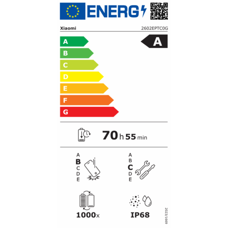 Xiaomi energijska nalepka: razred A, model 2602EPTC0G, avtonomija 70 h 55 min, IP68, 1000 ciklov.