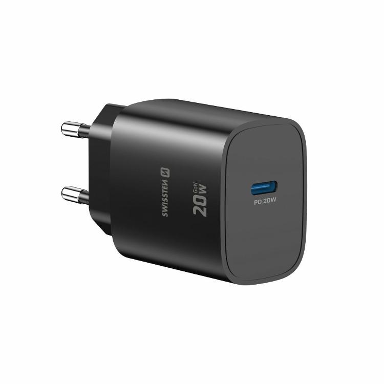 Kompaktni USB‑C polnilnik Swissten Edge GaN 20 W v črni barvi z minimalističnim dizajnom in podporo Power Delivery zagotavlja varno, hitro ter zanesljivo napajanje sodobnih elektronskih naprav.
