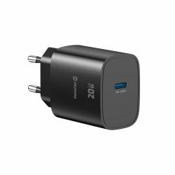 Kompaktni USB‑C polnilnik Swissten Edge GaN 20 W v črni barvi z minimalističnim dizajnom in podporo Power Delivery zagotavlja varno, hitro ter zanesljivo napajanje sodobnih elektronskih naprav.