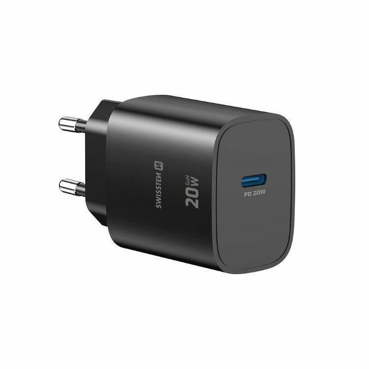 Hitri stenski polnilnik Swissten Edge GaN 20 W v elegantni črni izvedbi z USB‑C Power Delivery izhodom omogoča hitro in učinkovito polnjenje pametnih telefonov, tablic ter drugih združljivih naprav.