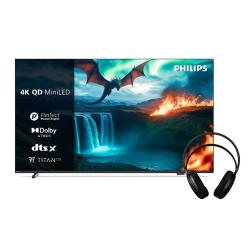 Philips 4K QD MiniLED televizor s slušalkami – Philips TV z 4K QD MiniLED tehnologijo, Dolby Atmos, DTS:X in priloženimi slušalkami.
