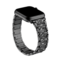  Črn kovinski pašček s kristali nameščen na uri, eleganten in sijoč kontrast, za Apple Watch (42/44/45).
