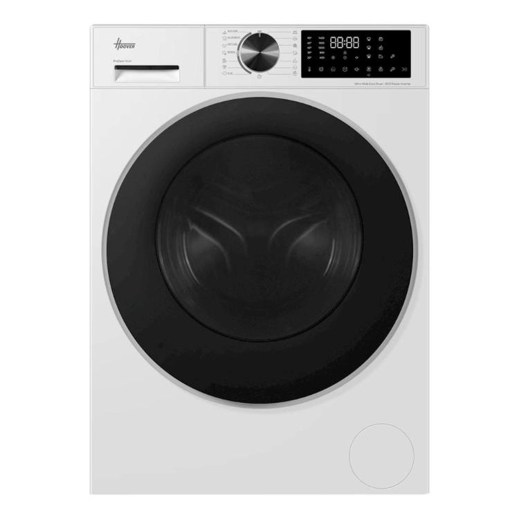 Upravljalna plošča pralnega stroja Hoover z vrtljivim izbirnikom programov, digitalnim zaslonom in predalom za detergent.