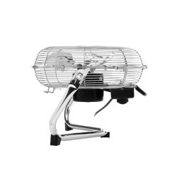 Bočni profil ventilatorja SOGO z nastavljivim naklonom, kovinskim okvirjem in zadnjim upravljalnim gumbom.
