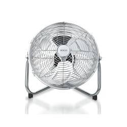 Namizni ventilator SOGO s kromiranim kovinskim ohišjem, sprednji pogled z zaščitno mrežo.