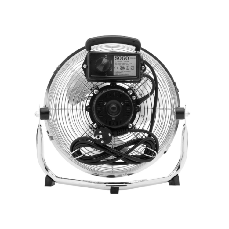 Zadnji pogled na namizni ventilator SOGO s kromiranim ohišjem, vidnim motorjem, upravljalnim gumbom za hitrost in navitim napajalnim kablom.