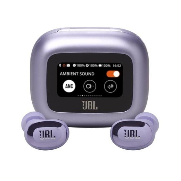 Zadnja stran polnilne škatlice JBL Live Buds 3 z USB-C priključkom in zaslonom.