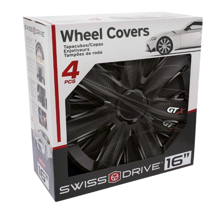 Škatla SWISS DRIVE z oknom, viden črn pokrov GT X; napis “Wheel Covers”, 4 kosi, 16"