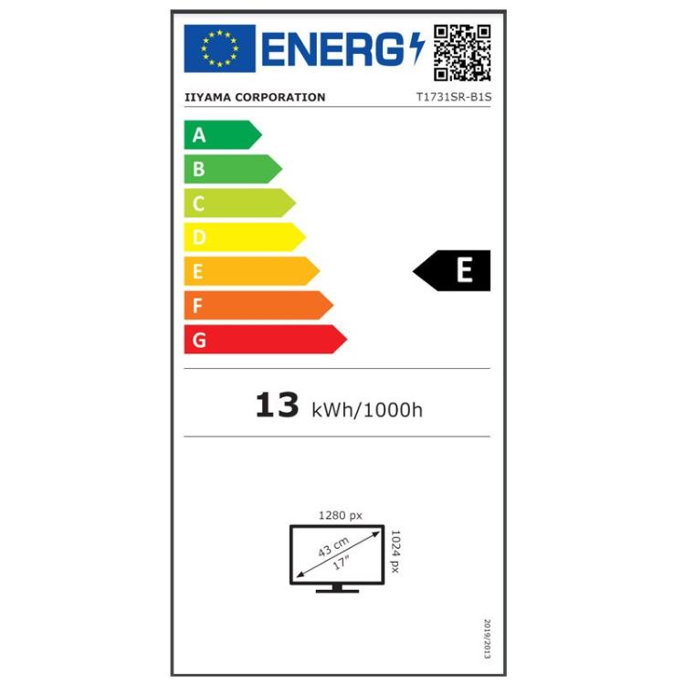 Energijska nalepka EU za iiyama ProLite T1731SR‑B1S 17‑palčni zaslon na dotik z energijskim razredom E, porabo 13 kWh/1000 h in ločljivostjo 1280 × 1024.