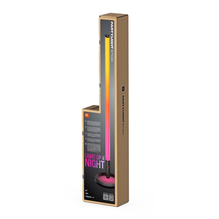 Embalaža JBL PartyLight Stick s prikazom LED luči z večbarvnimi svetlobnimi učinki.