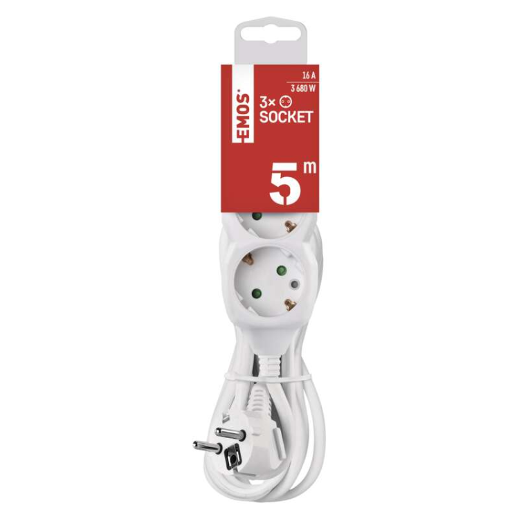 Podaljšek Emos 5 m / 3 vtičnice / beli / PVC / 1,5 mm2