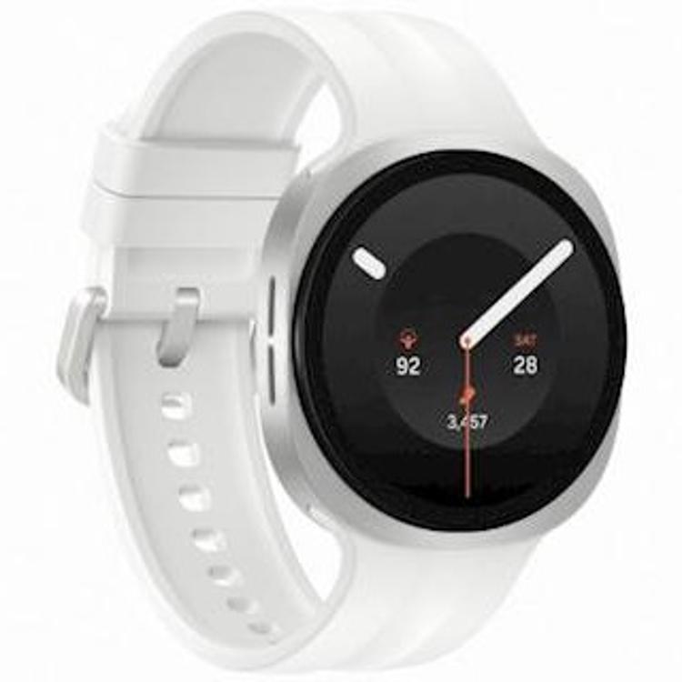 Elegantna pametna ura Galaxy Watch z bež silikonskim paščkom združuje sodoben videz, udobno nošenje in napredne funkcije spremljanja zdravja.