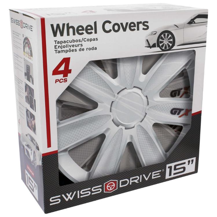 Škatla Swiss Drive “Wheel Covers 4 PCS” z vidnim srebrnim pokrovom GT X, velikost 15"