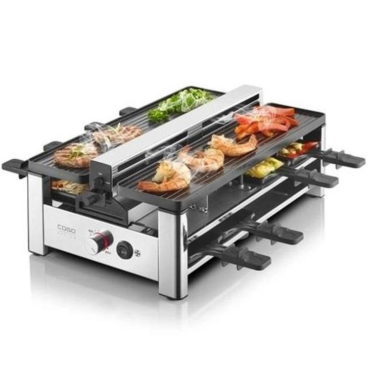 Večnamenski raclette žar CASO Design z osmimi posodicami, odstranljivimi ploščami in veliko površino za pripravo mesa, rib, zelenjave ter sirov združuje funkcionalnost, sodoben dizajn in enostavno čiščenje.