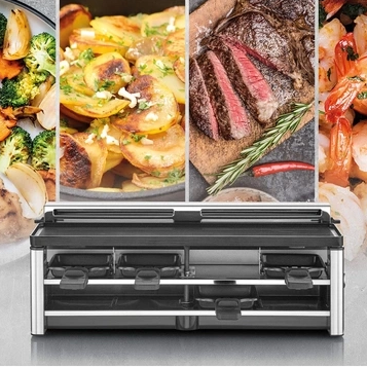 Raclette žar CASO Design z integriranim sistemom za odvajanje pare in vonjav, veliko površino za peko ter osmimi raclette posodicami omogoča prijetno druženje in pripravo različnih jedi neposredno za mizo.