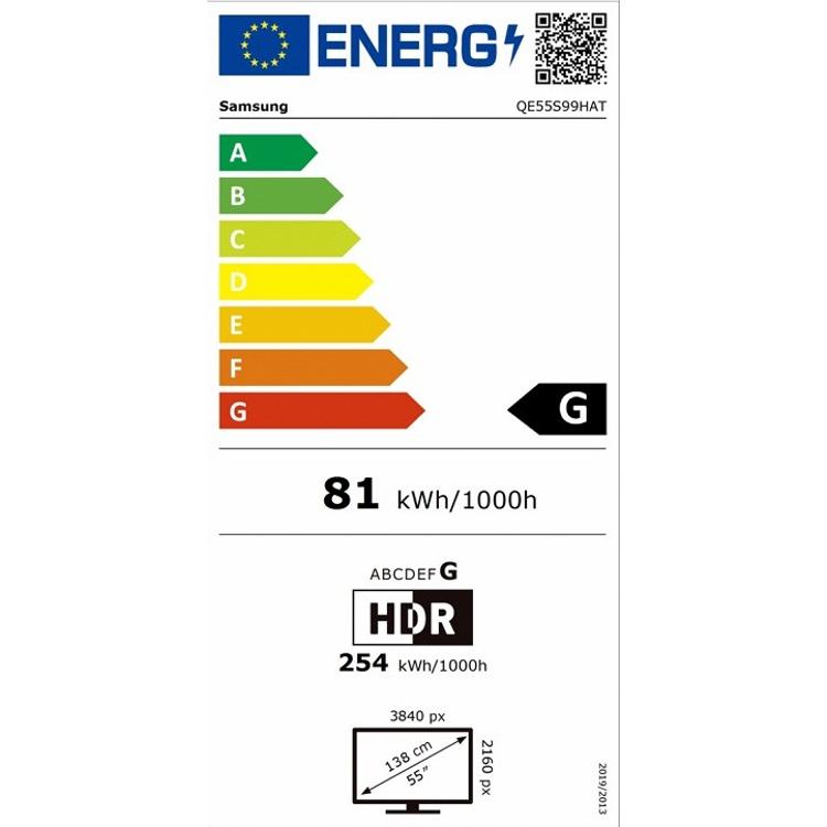 Samsung energijska nalepka na beli podlagi z lestvico A-G, označen razred G, poraba 81 kWh/1000 h in HDR 254 kWh.