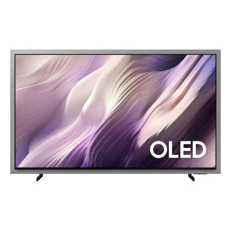 Samsung OLED televizor s črnim okvirjem, tanek zaslon in abstraktni vijolično‑beli prikaz na ravnem ekranu.