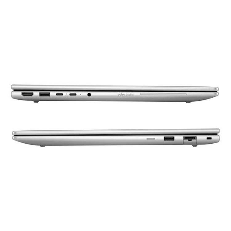 Stranski profil HP EliteBook prenosnika z vidnimi priključki USB‑C, HDMI, USB‑A in mrežnim vhodom v tankem ohišju.