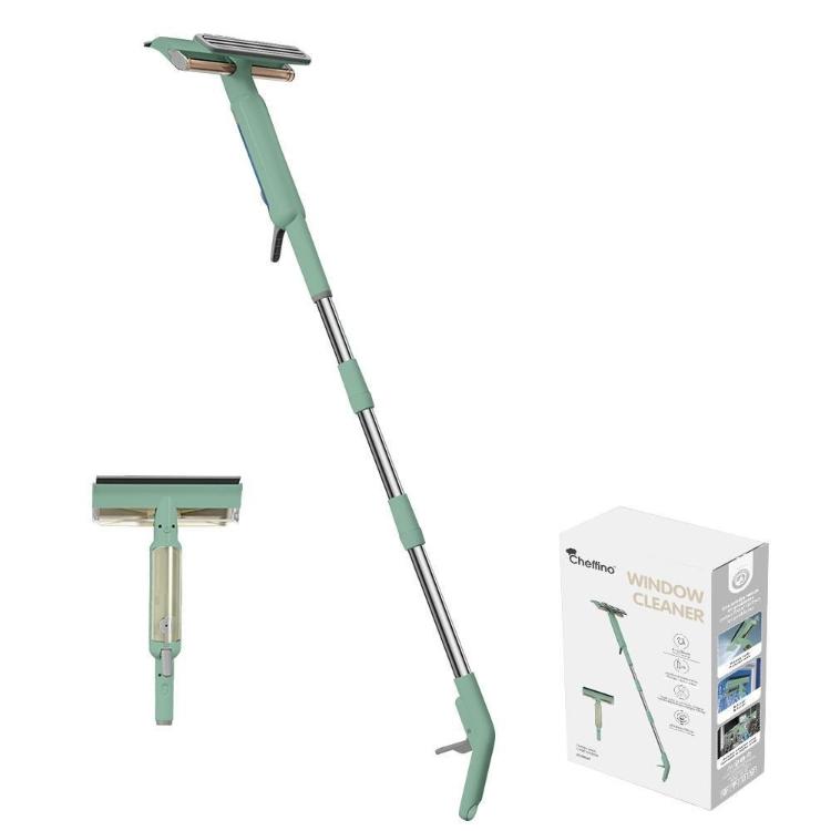 Čistilec oken z embalažo, prikaz nastavkov in raztegljive palice.