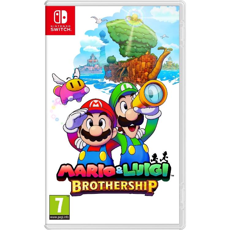 Igra Mario & Luigi: Brothership za Nintendo Switch v fizični embalaži, z likoma Mario in Luigi na pustolovščini po pisanem otoškem svetu ter oznako PEGI 7.