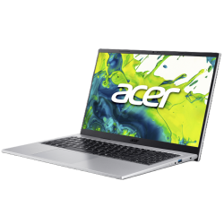 Prenosnik Acer odprt z drugega kota, tanek srebrn dizajn, črna tipkovnica in viden stranski priključek USB.