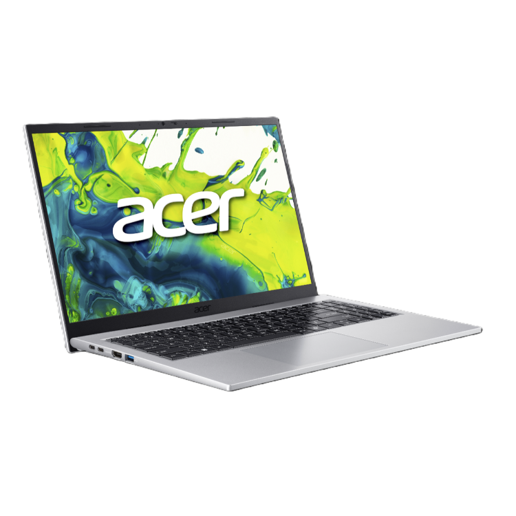 Prenosnik Acer, odprt pod kotom, srebrno ohišje, črna tipkovnica in zaslon z zeleno‑modro grafiko Acer.