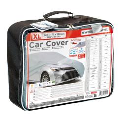 Zaprta torba z etiketo “XL Car Cover” prikazuje mere, lastnosti in sliko avtomobilske prevleke.