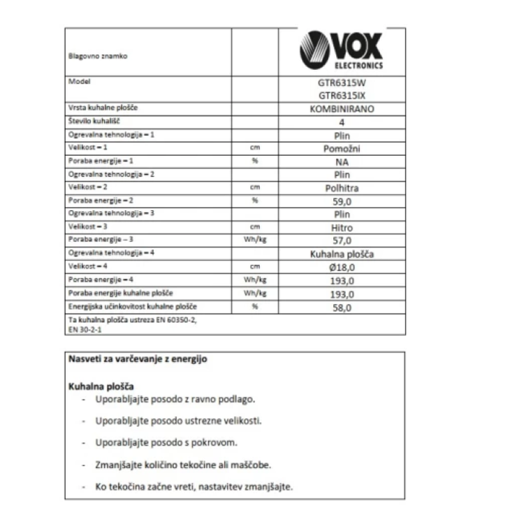 Kombinirani štedilnik VOX GTR 6315W (3x plin, 1x elektrika)_3