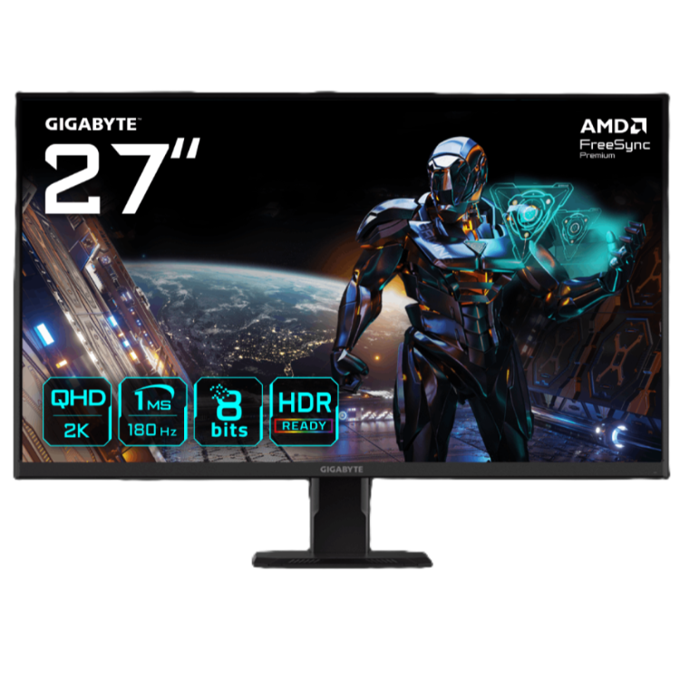 Sprednji pogled na 27‑palčni monitor z zaslonom QHD in grafiko z znanstvenofantastičnim motivom.