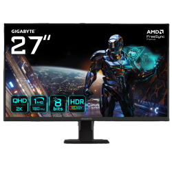 Sprednji pogled na 27‑palčni monitor z zaslonom QHD in grafiko z znanstvenofantastičnim motivom.