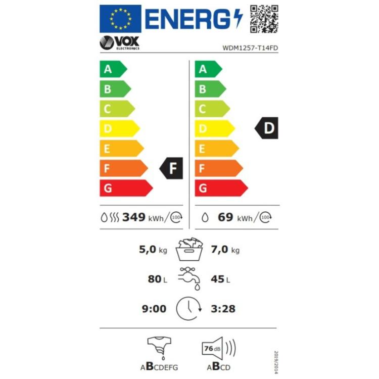 Pralno-sušilni stroj VOX WDM 1257-T14ED, D/F, 7/5 kg, 1200 o/min, 15 programov