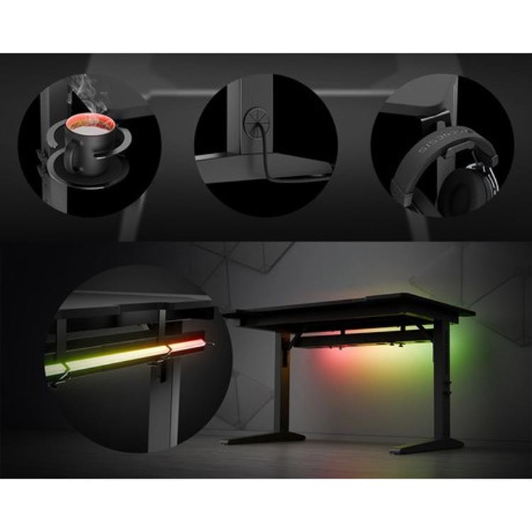 Gaming miza Genesis Homl Modular 180, črna, z RGB osvetlitvijo, držalom za pijačo, obešalom za slušalke in vodilom kablov.