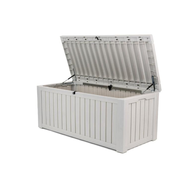 Keter vrtna shranjevalna skrinja v krem barvi z odprtim pokrovom in vidno notranjostjo