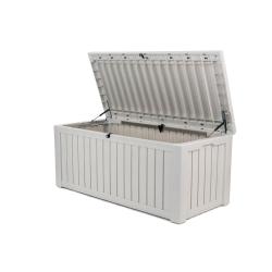 Keter vrtna shranjevalna skrinja v krem barvi z odprtim pokrovom in vidno notranjostjo