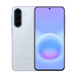 Telefon: Samsung Galaxy A57 5G 128 GB, svetlo modra (Icy Blue) barva, trojna zadnja kamera in zaslon s sredinsko sprednjo kamero.