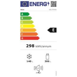 Energijska nalepka hladilnika Haier HB17FPAAA z razredom učinkovitosti E, poraba 298 kWh letno, prostornina 306 L hladilnik in 140 L zamrzovalnik, glasnost 37 dB.
