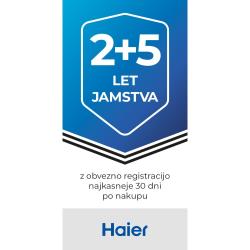 Grafika Haier z oznako 2+5 let jamstva in obvestilom o obvezni registraciji v 30 dneh po nakupu