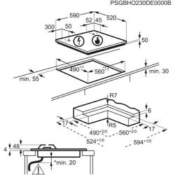 Tehnični načrt vgradnje kuhalne plošče Electrolux z označenimi dimenzijami izreza.
