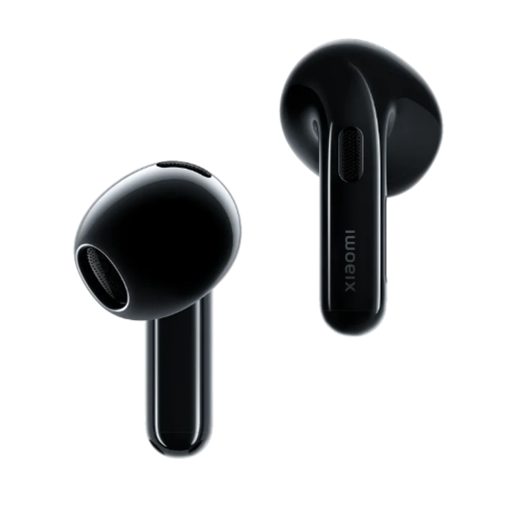 Xiaomi brezžične slušalke, črne, detajl, mikrofoni, ergonomična oblika, minimalističen dizajn.