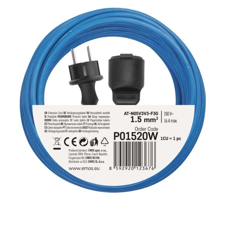 Weatherproof podaljševalni kabel 20 m / 1 vtičnica / modra / PVC / 230 V / 1,5