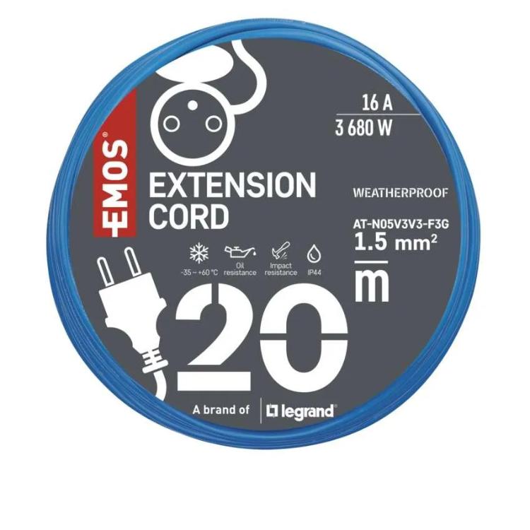 Weatherproof podaljševalni kabel 20 m / 1 vtičnica / modra / PVC / 230 V / 1,5
