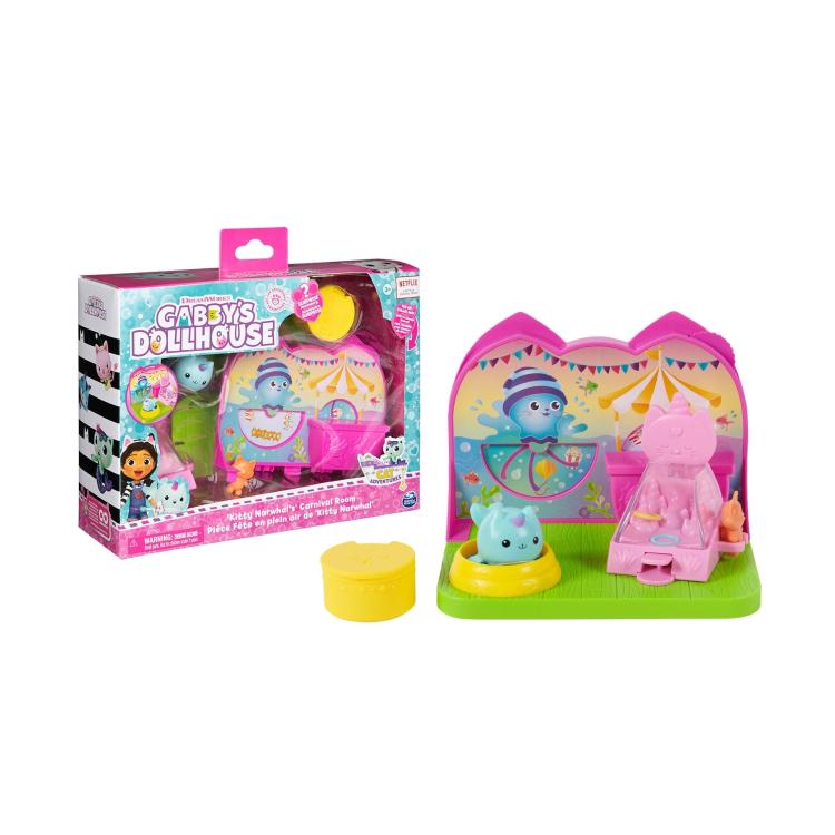 Igralni set Gabby's Dollhouse Kitty Narwhal's Carnival Room z mini figurami in dodatki, za otroke 3+.